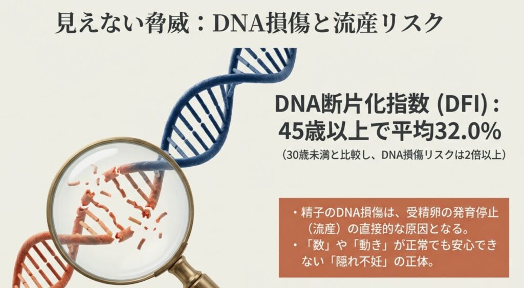 45歳以上の男性におけるDNA断片化指数（DFI）の上昇と、それが流産や発育停止の直接的な原因になることを示す解説図